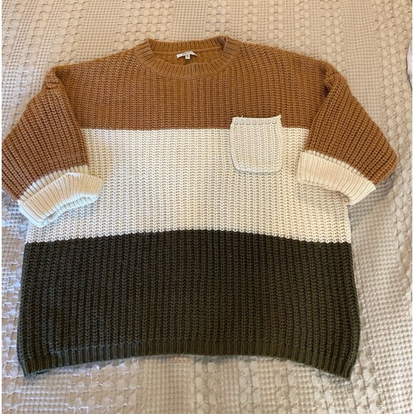Jodifl Oversized Sweater Size Medium Color Block Brown Cream Green Short Sleeve - Picture 1 of 12